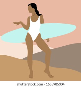 Vector hand drawn illustration of woman holding surf . Creative artwork.  Template for card, poster, banner, print for t-shirt, pin, badge, patch.