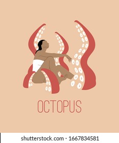 Vector  hand drawn illustration of woman in swimsuit with tentacles.  Creative surrealistic artwork.  Template for card, poster, banner, print for t-shirt, pin, badge, patch.