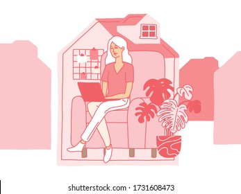 Vector hand drawn illustration of woman in home office. Home decorated with plants. Flat bright Monochromatic colors. Stay home stay safe