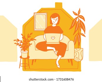 Vector Hand Drawn Illustration Of Woman In Home Office. Home Decorated With Plants. Flat Bright Monochromatic Colors. Stay Home Stay Safe