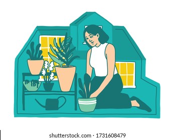 Vector hand drawn illustration of woman in home office. Home decorated with plants. Flat bright Monochromatic colors. Stay home stay safe
