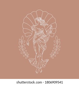 Vector hand drawn  illustration of woman with greek profile, shell and drapery isolated. Creative tattoo artwork. Template for card, poster, banner, print for t-shirt, pin, badge, patch.