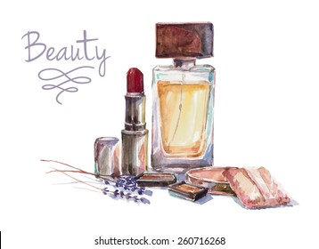 Vector  hand drawn illustration with woman cosmetics. Watercolour cosmetics drawing 