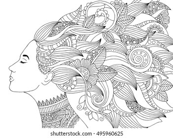 Vector hand drawn illustration woman with floral hair for adult coloring book. Freehand sketch for adult anti stress coloring book page with doodle and zentangle elements.