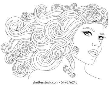 Vector hand drawn illustration woman with waves floral hair for adult coloring book. Freehand sketch for adult anti stress coloring book page with doodle and zentangle elements.