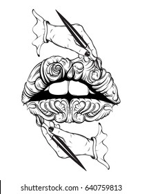 Vector hand drawn illustration of woman hand holding artistic brush and baroque surreal lips. Template for card, poster, banner, print for t-shirt.