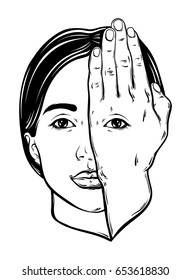 Vector hand drawn illustration of woman face with eye on her hand. Surreal artwork. Template for card, poster, banner, print for t-shirt.