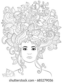 Vector hand drawn illustration woman with floral hair for adult coloring book. Freehand sketch for adult anti stress coloring book page with doodle and zentangle elements.