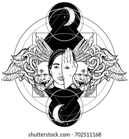 Vector hand drawn illustration of woman face with eye on her hand. Surreal artwork with wings and  snakes. Template for card, poster, banner, print for t-shirt.