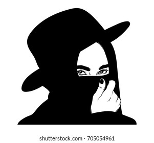 Vector hand drawn illustration of woman covering face with hat. Tattoo artwork. Template for card, poster, banner, print for t-shirt.