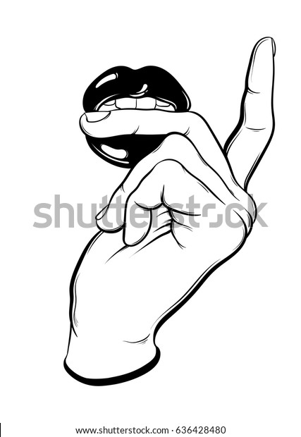 女性の口を噛む指のベクター手描きのイラスト タトゥーの絵 カード ポスター バナー Tシャツ用の印刷用テンプレート のベクター画像素材 ロイヤリティフリー