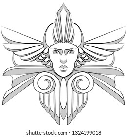 Vector hand drawn illustration of woman's head made in art deco style isolated. Creative tattoo artwork. Template for card, poster. banner, print for t-shirt, pin, badge, patch.