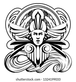 Vector hand drawn illustration of woman's head made in art deco style isolated. Creative tattoo artwork. Template for card, poster. banner, print for t-shirt, pin, badge, patch.