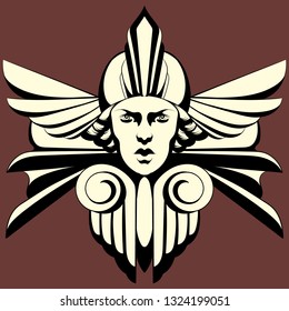 Vector hand drawn illustration of woman's head made in art deco style isolated. Creative tattoo artwork. Template for card, poster. banner, print for t-shirt, pin, badge, patch.