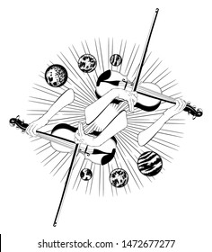 Vector hand drawn illustration of woman's hands playing on the violin with planets isolated. Creative tattoo artwork. Template for card, poster. banner, print for t-shirt, pin, badge, patch.