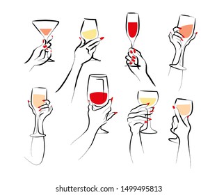 Vector Hand Drawn Illustration Of Woman's Hand Hold Wine Glass Isolated On White Background. Hand Drawn Sketch Minimal Style. Concept For Ladies Night Party, Bar, Happy Cocktail Hour, Winery Logo.