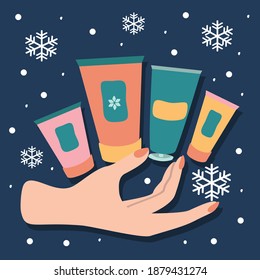 ilustración de la mano del vector - mano de la mujer y cosméticos para el cuidado de la piel en invierno, cremas, calambres. ilustración plana para sitios web, aplicaciones, revistas