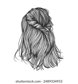 Vector hand drawn illustration of a woman's hairstyle. Isolated on white background. Black and white sketch of a female hairstyle. 