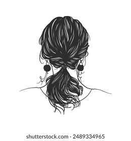 Vector dibujado a mano ilustración del peinado de una mujer. Aislado sobre fondo blanco. Boceto en blanco y negro de un peinado femenino. 