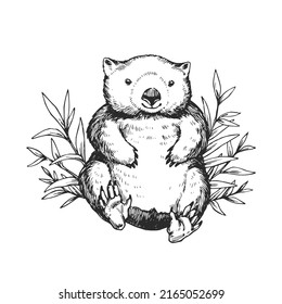 Vector Hand Drawn Illustration Of Wombat In Foliage Isolated On White. Sketch Of Cute Animal Character.