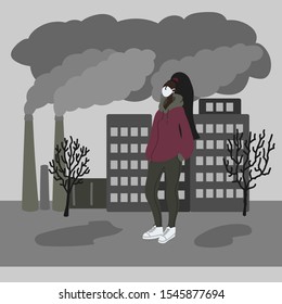 Vector hand drawn illustration with women in mask. Woman wearing mask against smog. City landscape chimneys emit smoke harmful emissions polluted air poor ecology in the city. Air pollution concept