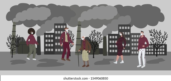 Vector hand drawn illustration with women and men in mask. People wearing mask against smog and walking the street. City landscape chimneys emit smoke harmful emissions polluted air poor ecology