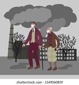 Vector hand drawn illustration with women and men in mask. Couple wearing mask against smog. City landscape chimneys emit smoke harmful emissions polluted air poor ecology in the city. Air pollution