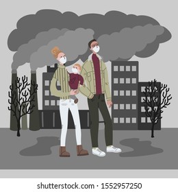 Vector hand drawn illustration with women and men in mask. Couple wearing mask against smog. City landscape chimneys emit smoke harmful emissions polluted air poor ecology in the city. Air pollution c