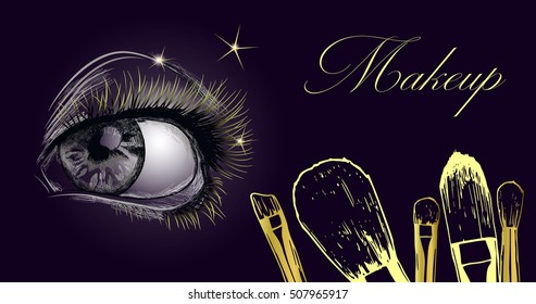 Vector hand drawn illustration of women eye and makeup brushes. Concept for beauty salon, cosmetics label, cosmetology procedures, visage and makeup.