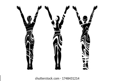 Vector hand drawn illustration of women's silhouettes with liquid texture isolated. Tattoo artwork. Template for card, poster, banner, print for t-shirt, pin, badge, patch.