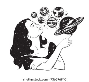 Vector hand drawn illustration of women's head with planets, sun and moon. Solar system made in hand sketched style. Template for card, poster, banner, print for t-shirt.