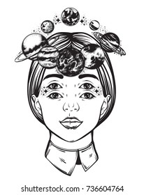 Vector hand drawn illustration of women's head with planets, sun and moon. Solar system made in hand sketched style. Template for card, poster, banner, print for t-shirt.