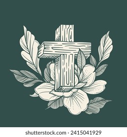 Vector hand drawn illustration of wooden cross with flora ornaments