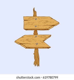 Vector hand drawn illustration of wooden signboard made of two old and cracked pointed planks in cartoon style.