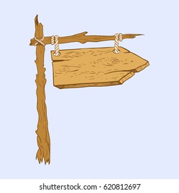Vector hand drawn illustration of wooden signboard made of old pointed plank hanging on rope on the branch in cartoon style.