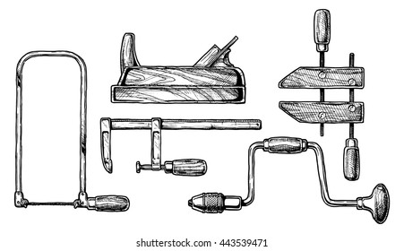 Vector hand drawn illustration of woodworking tools. Fretsaw, plane, bar clamp,  handscrew and hand drill