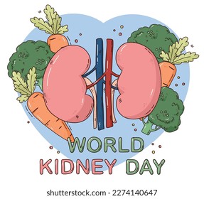 Vector hand drawn illustration for world kidney day with couple of kidneys, giving advice to eat healthy food, vegetables. cartoon illustration
