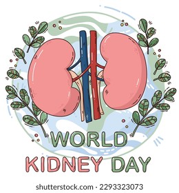Vektorhandgezeichnete Illustration für den Weltnierentag mit einigen Nieren, mit Pflanzenrahmen und Erdhintergrund. Cartographie