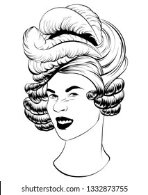Vector hand drawn illustration of wrinkling woman in hystorical headdress isolated. Creative tattoo artwork. Template for card, poster. banner, print for t-shirt, pin, badge, patch.