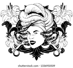 Vector hand drawn illustration of wrinkling pretty woman isolated. Creative tattoo artwork. Template for card, poster. banner, print for t-shirt, pin, badge, patch.