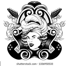 Vector dibujado a mano ilustración de arrugas bonita mujer aislada. Obra de arte creativa del tatuaje. Plantilla para tarjeta, cartel. Anuncio, impresión para camiseta, pin, insignia, parche.