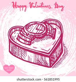 Vector hand drawn illustration of wristwatch in the heart shaped gift box on the background with abstract paper texture.Valentines gift, clock sketch.Linear art in vintage style for design.