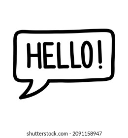 Vector hand drawn illustration of the writing Hello! inside a text bubble isolated on white background