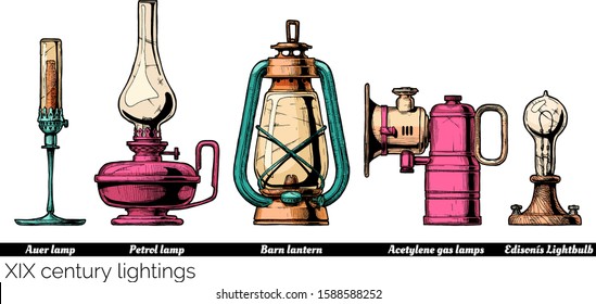 Vector hand drawn illustration of XIX century lightings evolution. Auer lamp with gas mantle, Barn lantern, kerosene and carbide lamps, Edison Light bulb. Isolated on white background.  
