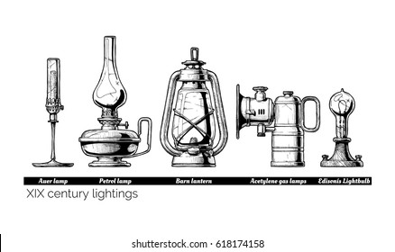 Vector Hand Drawn Illustration Of XIX Century Lightings Evolution. Auer Lamp With Gas Mantle, Barn Lantern, Kerosene And Carbide Lamps, Edison Light Bulb. Isolated On White Background.  