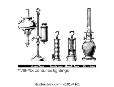 Vector hand drawn illustration of XVIII - XIX centuries lightings evolution. Argand, Stephenson (Geordie), Davy (Mueseler) and Carcel lamps. Isolated on white background.  