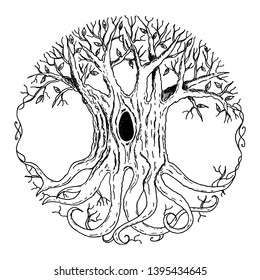 Dibujo a mano vectorial del árbol del mundo Yggdrasil de la mitología escandinava como símbolo del universo en estilo vintage grabado. Aislado sobre fondo blanco.