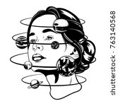 Vector hand drawn illustration of young beautiful woman,  geometrical composition and planets. Template for card, poster, banner, print for t-shirt.
