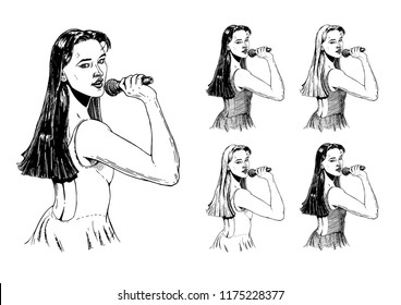 Vector hand drawn illustration of young girl singer in vintage engraved style. Isolated on white background. Brunette and blonde version in black and white dresses. 