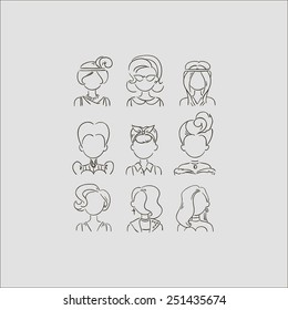 Vector hand drawn illustration of young beautiful women icons from different times